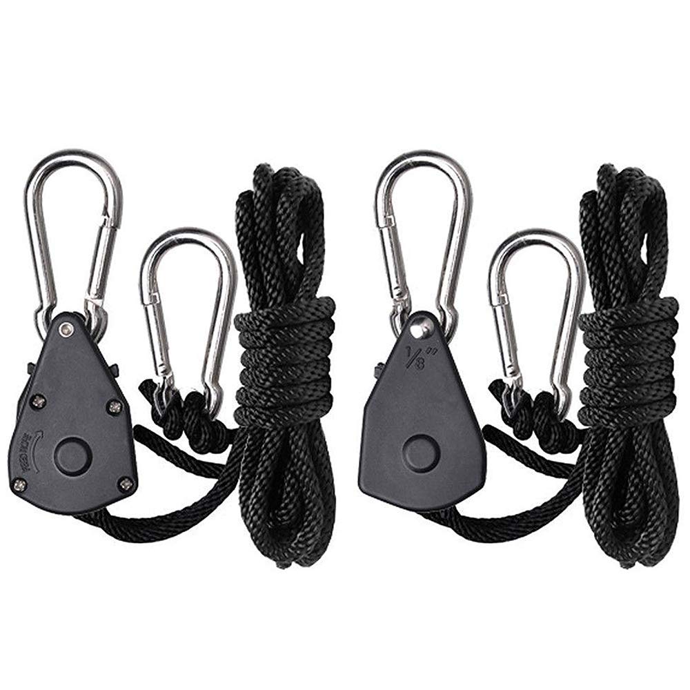Mayllona Heavy Duty Ratchet Ropes, 1/8 Inch 2-Pack Ratchet 6.56ft Length Adjustable Heavy Duty Tie Down Rope, Carabiner Hook Clip Hanger 150lb Capacity for Grow Plant Fan Filter Light Room Equipment