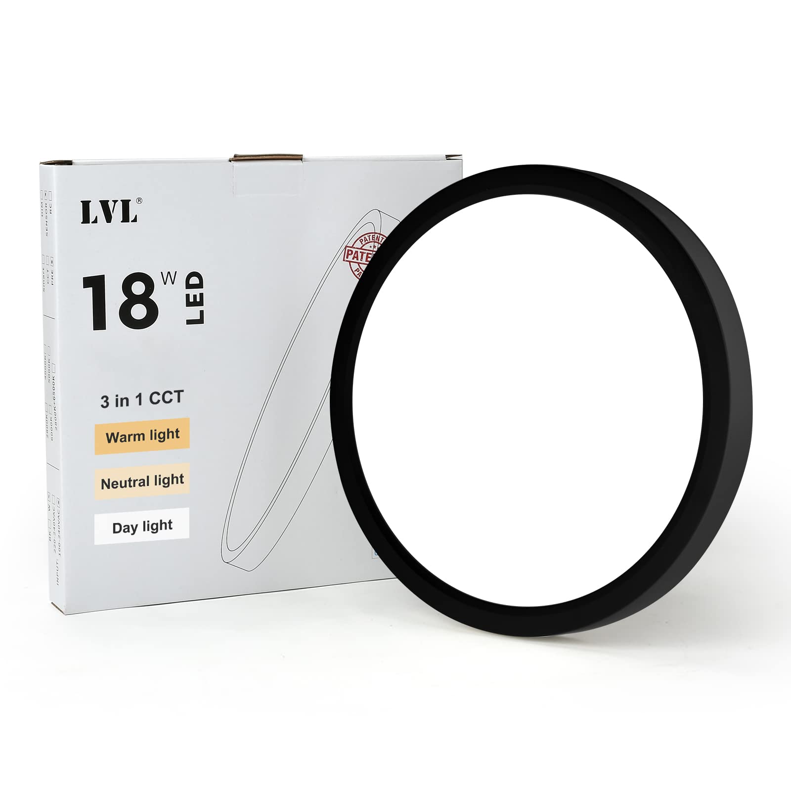 LVL LED Round Ceiling Light, 18W 9inch, CCT 3 Lighting Colors, Modern Flush Ceiling Lights for Hallway, Corridor, Kitchen, Bedroom, Utility Room, Office(Black, Φ23cm-18W)