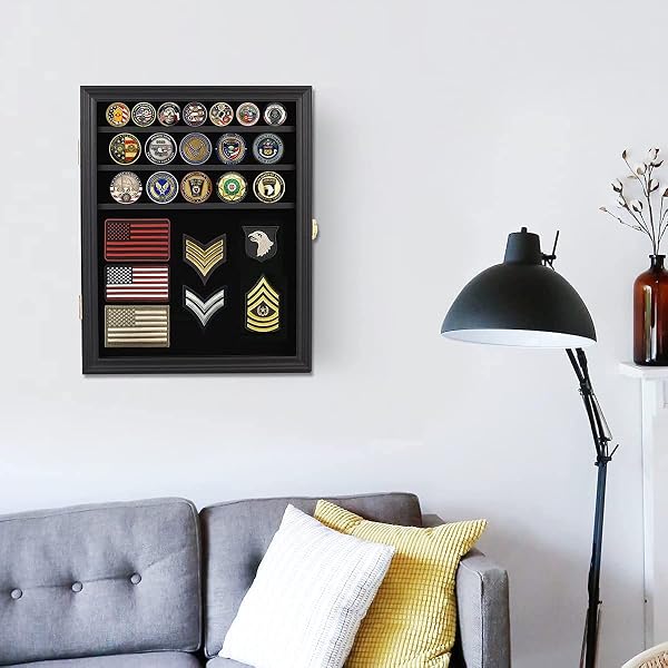 VERANI MEDALS DISPLAY CASE WALL FRAME FOR COLLECTOR, MILITARY CHALLENGE COINS HOLDER, PINS, LOCKABLE SHADOW BOX WITH REMOVABLE SHELVES BLACK