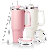 Miouca 2 Pack 40oz Tumbler with Handle, 2 Straws and Multiple Stickers, Spill Proof and Leak Resistant, Insulated Cup for Hot and Cold