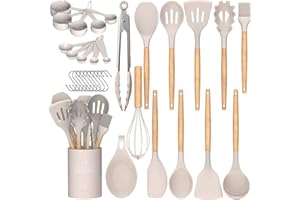 Umite Chef Kitchen Cooking Utensils Set, 33 pcs Non-Stick Silicone Cooking Kitchen Utensils Spatula Set with Holder, Wooden H