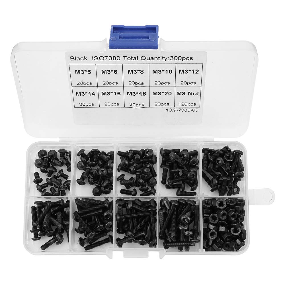 300pcs M3 x 5-20mm Black 10.9 Grade Button Head Hex Socket Screw Bolt Nut Assortment Kit Repair Tool Accessory for Home OfficeFastening parts