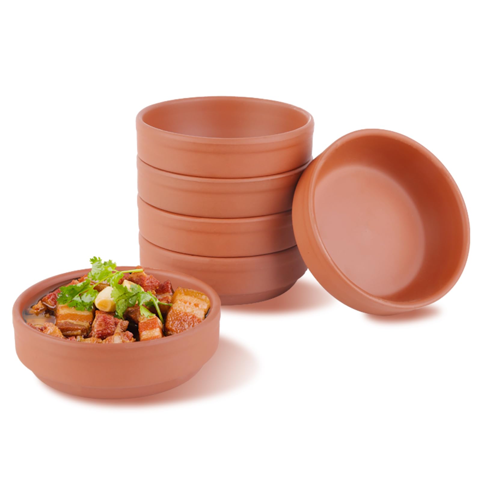 Terracotta Bowl, Iceten Tapas Olive Bowls Brown Glazed Cazuela Casserole Dishes Oven Safe Cooking bowls for Tapas Dishes Morrocan Dishes Camembert Serving Dishes Cazuela Dishes(6PCS，9.8㎝）