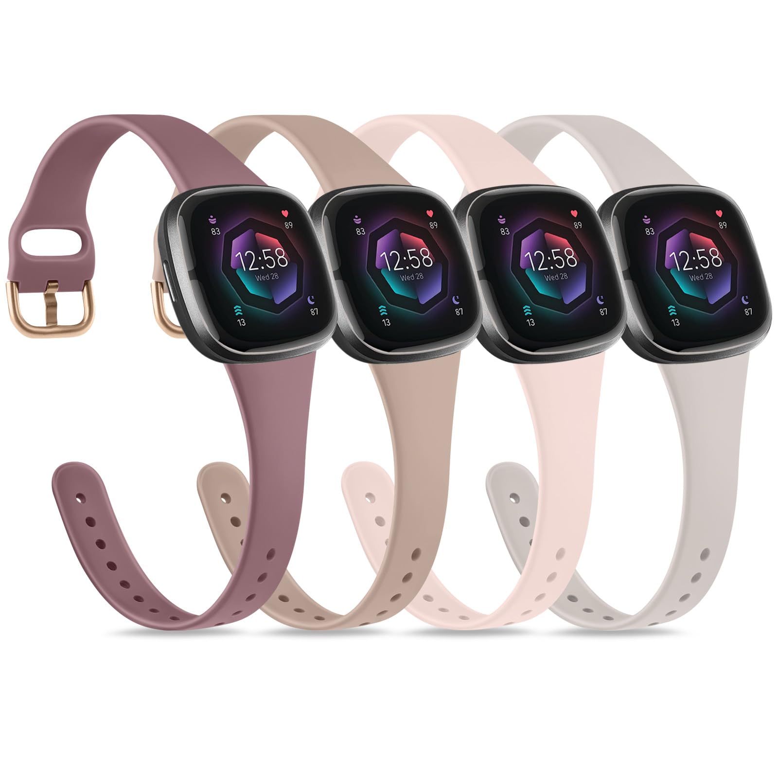 Strap compatible for Fitbit Versa 3 Straps/Sense/Sense 2 Strap for Women Men, Soft Slim Thin Silicone Replacement Band Wristband Watchband for Fitbit Versa 4 (4-PACK 03)