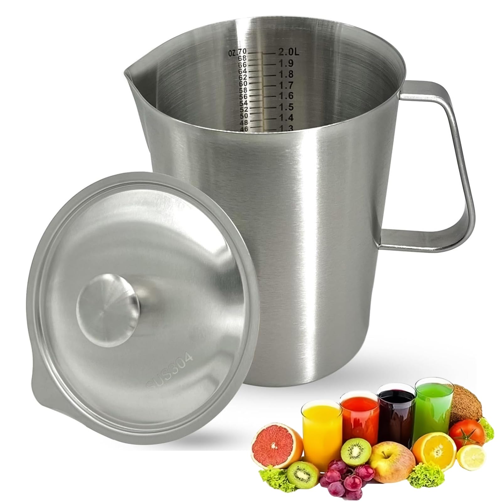 Photo 1 of 70 oz Stainless Steel Pitcher with Lid and Handle – Large Metal Measuring Cup with Markings, 2 Liter Water Jug for Frothing Milk, Latte Art, Coffee, Iced Tea, Espresso, Hot or Cold Liquids