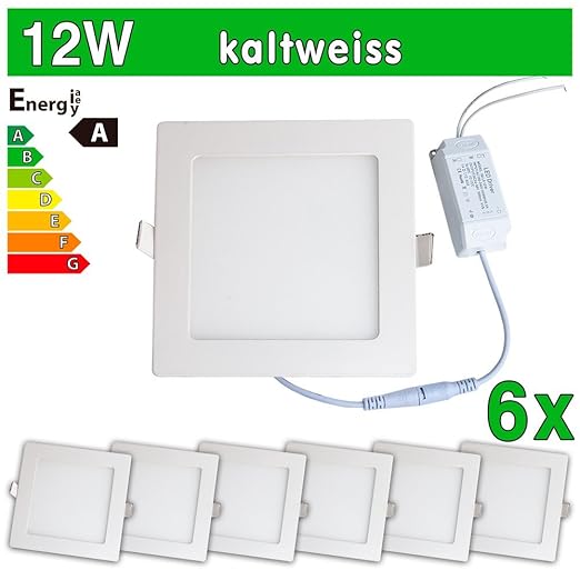 LEDVero 6x Ultraslim LED Panel SMD 2835, 12 W, eckig Deckenleuchte Lampe Einbau Leuchte Licht Strahler, kaltweiß SP185