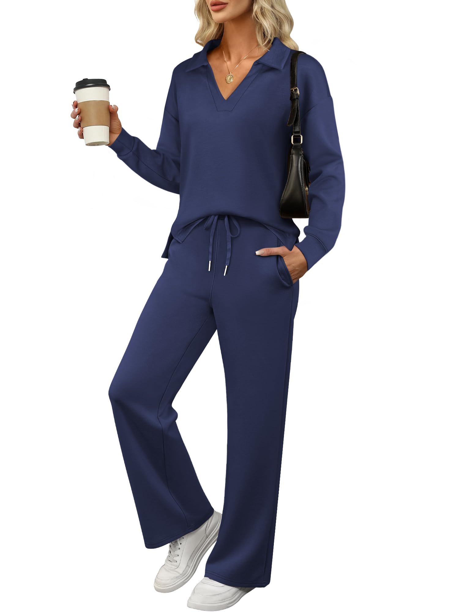 Photo 1 of ANRABESS Women's 2 Piece Outfits Lounge Sets Casual Long Sleeve Sweatsuits Polo Top Wide Leg Pants Fall Sweat Matching Sets Navy Blue Small