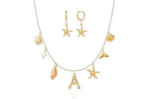 UNE DOUCE Shell Necklace and Starfish Hoop Earrings Set, Charm Necklace - Gold Necklace for Women, Initial Necklace - Letter A-Z Pendant Choker, Waterproof, Non-Tarnish Gold Necklace, Gifts for Women