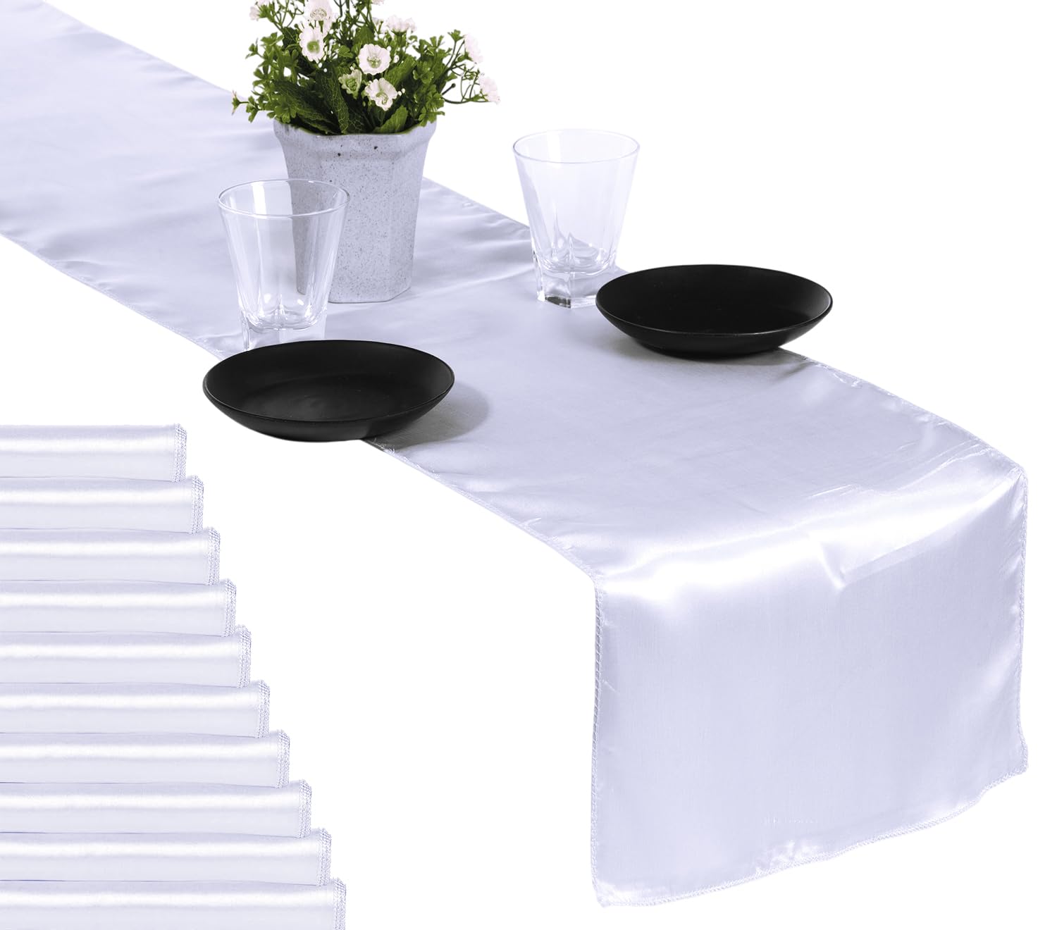 MDS 100 PCS Satin Table Runners 12 x 108 Inch Charmeuse Sateen Silk Table Runner for Indoor Outdoor Wedding Reception Birthday Graduation Party Event Banquet Dining Table Decoration - White Image