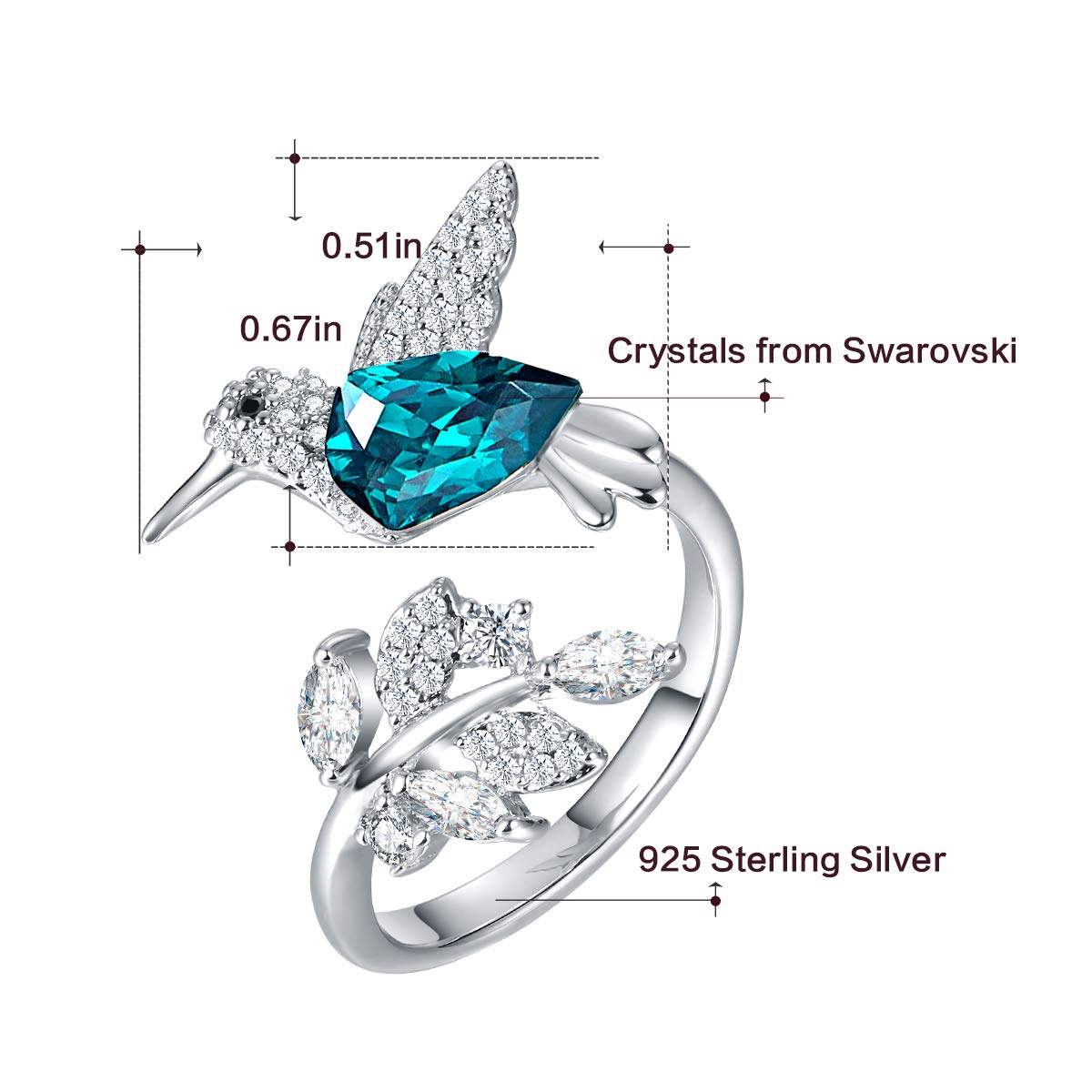 CDE Fine Ring Sterling Silver Hummingbird Open Rings Crystals from Swarovski Jewelry for Woemn