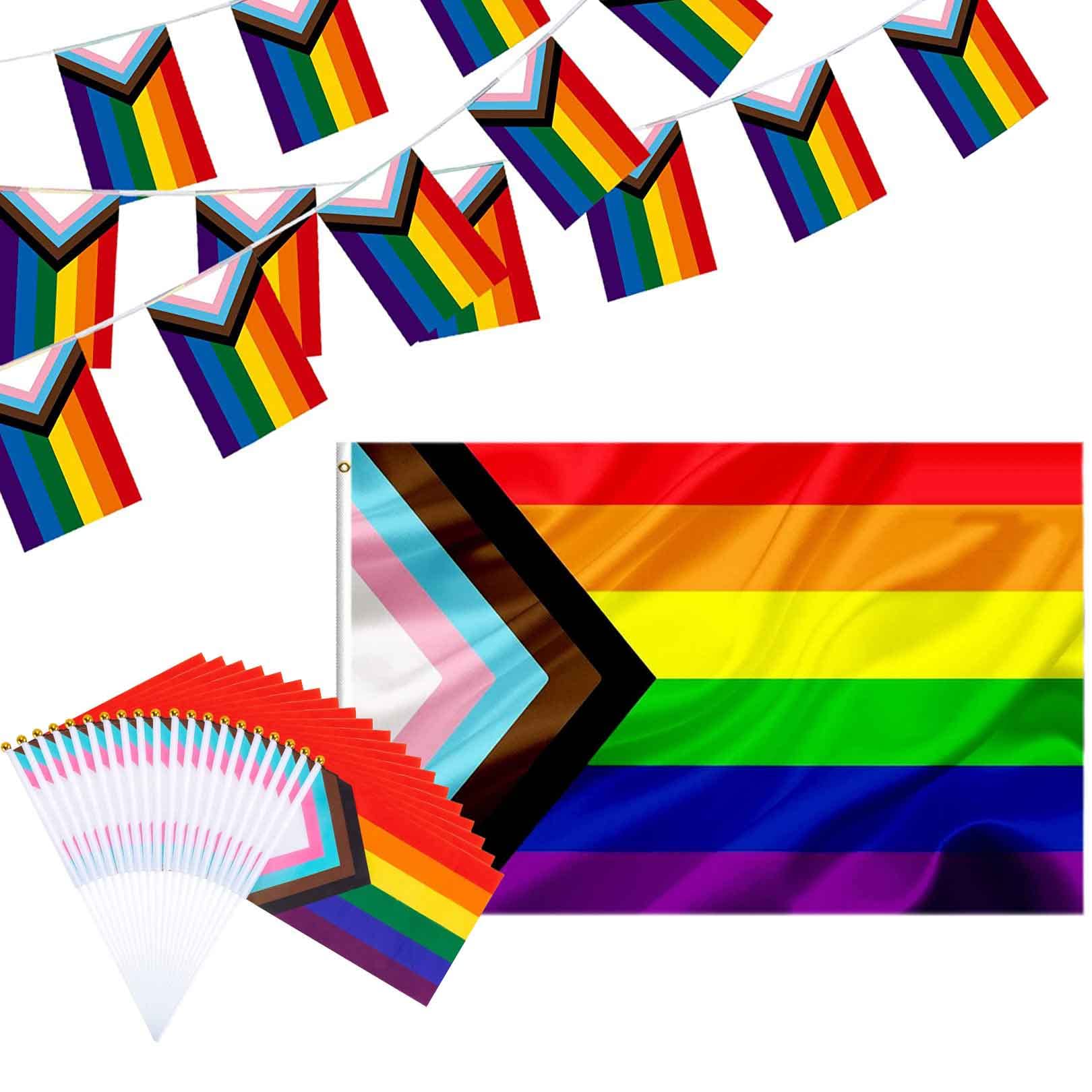 Jc.upin Pride Decor Set-5ft x 3ft Pride Flag,10 Pcs Handheld Small Mini Pride Flags,5M Pride Bunting-Rainbow Flags LGBTQ Accessories Gay Pride Flag Vivid Pride Accessories for Rainbow Party Decor
