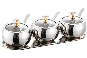 KEJJRIUTN 304 Stainless Steel Seasoning Containers Set, Condiment Jar Spice Container with Lid Spoon and Tray, Sugar Storage Organizers with 3 Serving Spoons