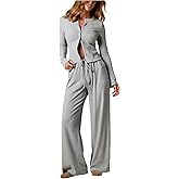 Milumia Women's 2 Piece Outfits Ribbed Long Sleeve Button Up Cardigan and Wide Leg Pants Lounge Sets