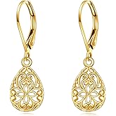 14K Solid Yellow Gold Filigree Dangle Earrings for Women Real Gold Leverback Earrings Birthday Jewelry Birthday Gifts for Wife Mom