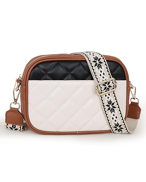 Prite Cross Body Bag for Women Shoulder Bag with Adjustable Wide Strap Leather Handbag with Card Slots Quilted Crossbody Bag for Work Shopping Travel (Brown Beige Black)