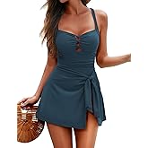 Zilcremo Swim Dress for Women Tummy Control One Piece Swimsuit Wrap Swimdress Square Neck Skirted Bathing Suit Swimwear