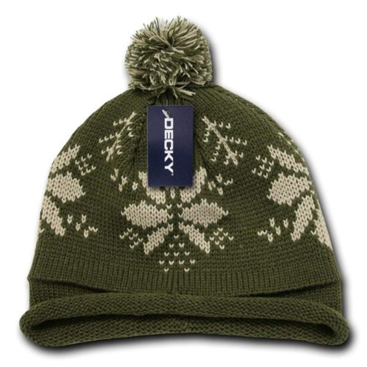 Decky Snowflake Roll Up Beanie with Pom - Olive/Stone