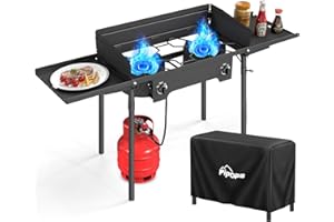 PIPOPA 2 Burner Propane Camp Stove | 150,000 BTU Gas Burners | Side Shelves | Windscreen | Waterproof Cover | Detachable Legs | Ideal for Camping Backyard Outdoor Cooking