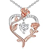 YAFEINI Heart Rose Sterling Silver Crystal Jewelry Love Zircon Pendant Necklace for Women Girls Rose Gold Plating