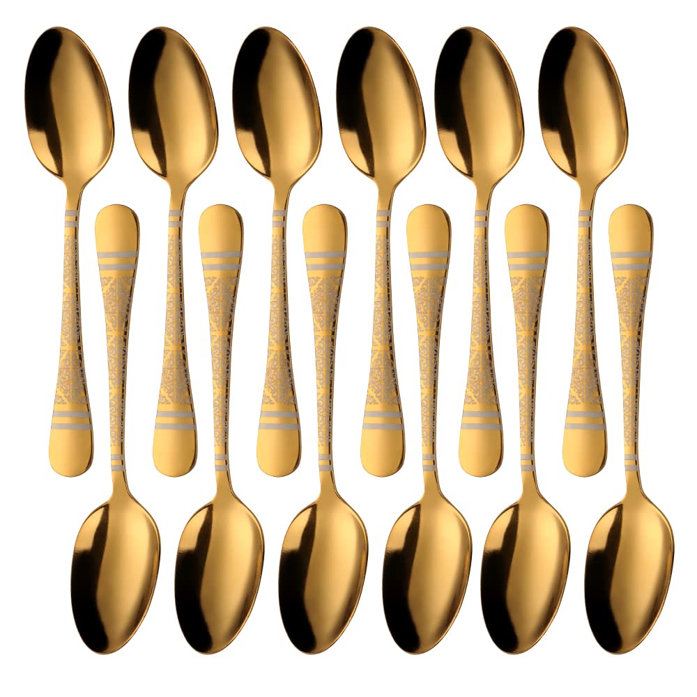 BUYER STAR Dinner Spoons, 18/8 Stainless Steel Dessert Spoons, Classic Flower Pattern Cutlery Spoons Set, Table Spoon for Home, Kitchen or Restaurant, Dishwasher Safe- 7.8 Inch (Gold)