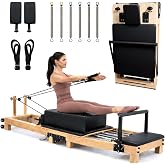 Foldable Pilates Reformer Machine - 91 in Easy Assembly with Included Sitting Box, Jumpboard, and Accessories - Wooden Foldable Reformer Pilates Machine for Home Workout or Professional Studio