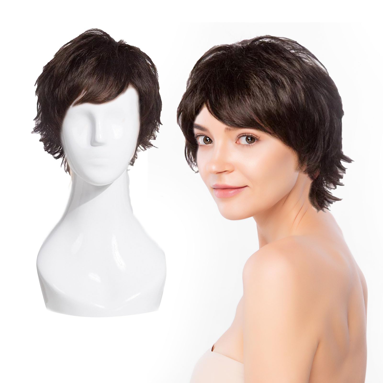 EUPSIIU Layered Short Ladies Wigs, Synthetic Short Hair Wig with Bangs, Pixie Cut Wigs for Daily Party Costume (Dark Brown)