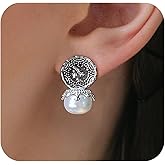 Watforsh Silver Pearl Drop Earrings for Women Vintage Boho Style with Coin and Chunky Pearl Studs