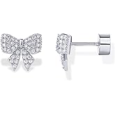 PAVOI 14K Gold Plated Dainty Flat Back Earrings for Women - Hypoallergenic Sterling Silver Posts Helix Cartilage Piercing Jewelry - Emoji Motif Bow Celestial Flatback Gold Stud Earrings Screw Back