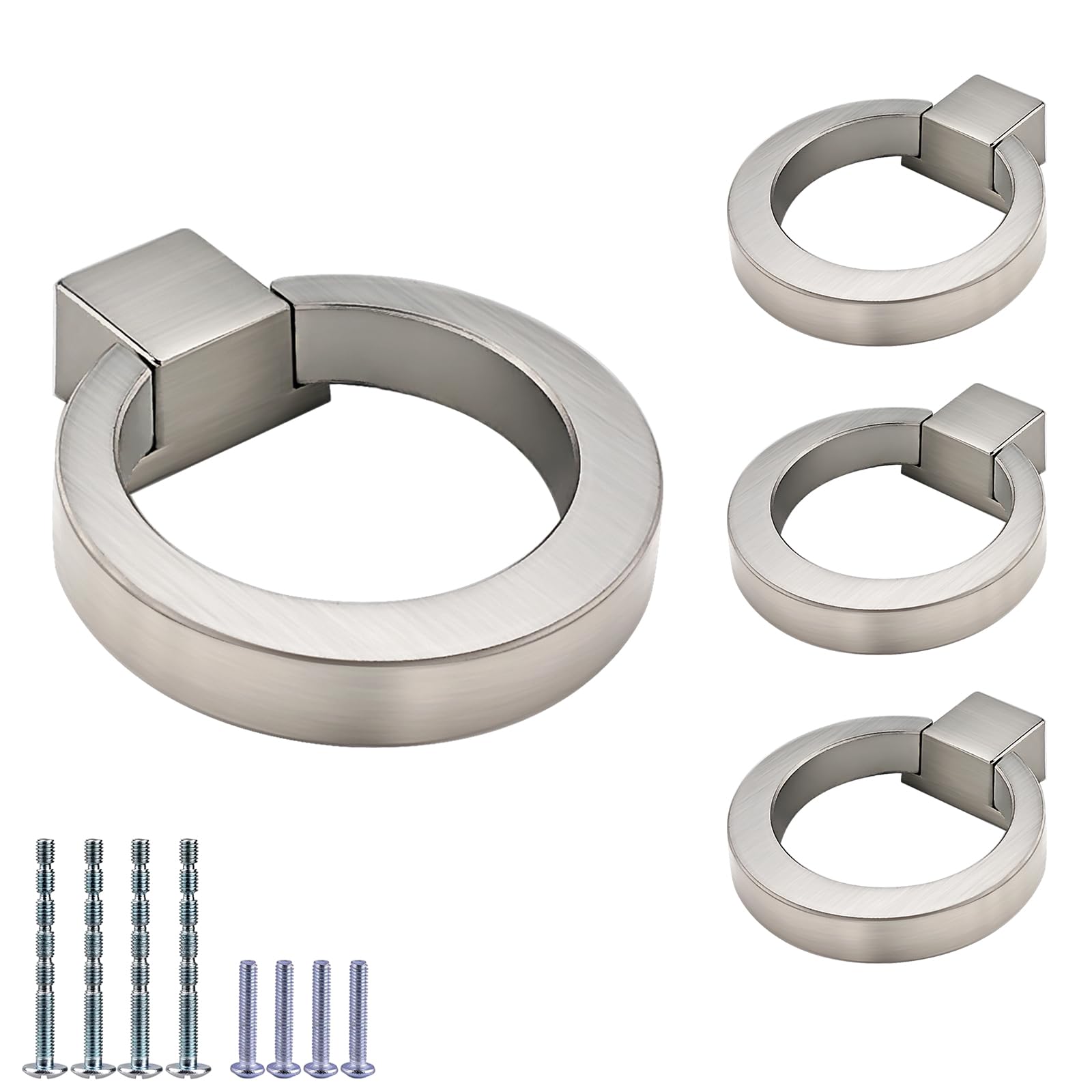 IAFVKAI 4 Pack Cabinet Knobs Zinc Alloy Drawer Pull Ring Brushed Nickel Round Cabinet Kitchen Handle Silver Door Drawer Knob for Kitchen