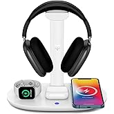4 in 1 Wireless Charger with Headphone Stand for iPhone 17 16 15 14 13 12 Pro Max, Apple Watch 11 10 Ultra SE, AirPods Max 4 & Samsung S25-15W Gaming Desk Organizer (Adapter Not Included)(White)