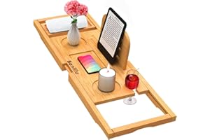 Premium Bamboo Bathtub Tray Caddy - Bath Tray Adjustable - Bathroom Trays for Bathtub,Expandable Size, Fits Most Bath Tubs