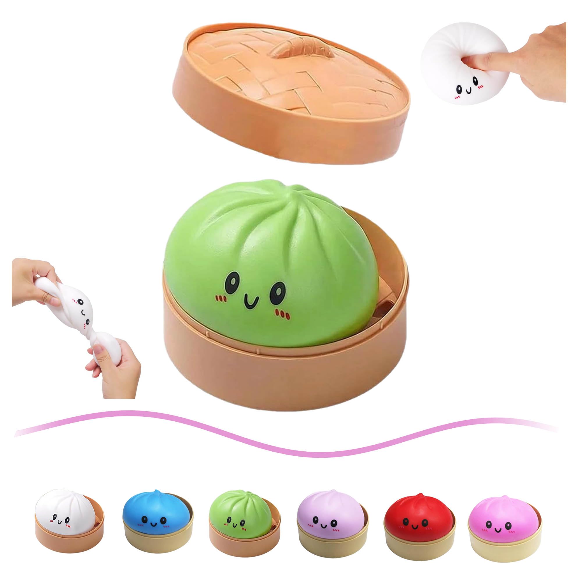 Mystery Dumpling Squishy, Easter Basket Stuffers, Squeeze Dough Ball Stress Relief Hand Toys with Steamer Stretchy Desk Toys (Green)