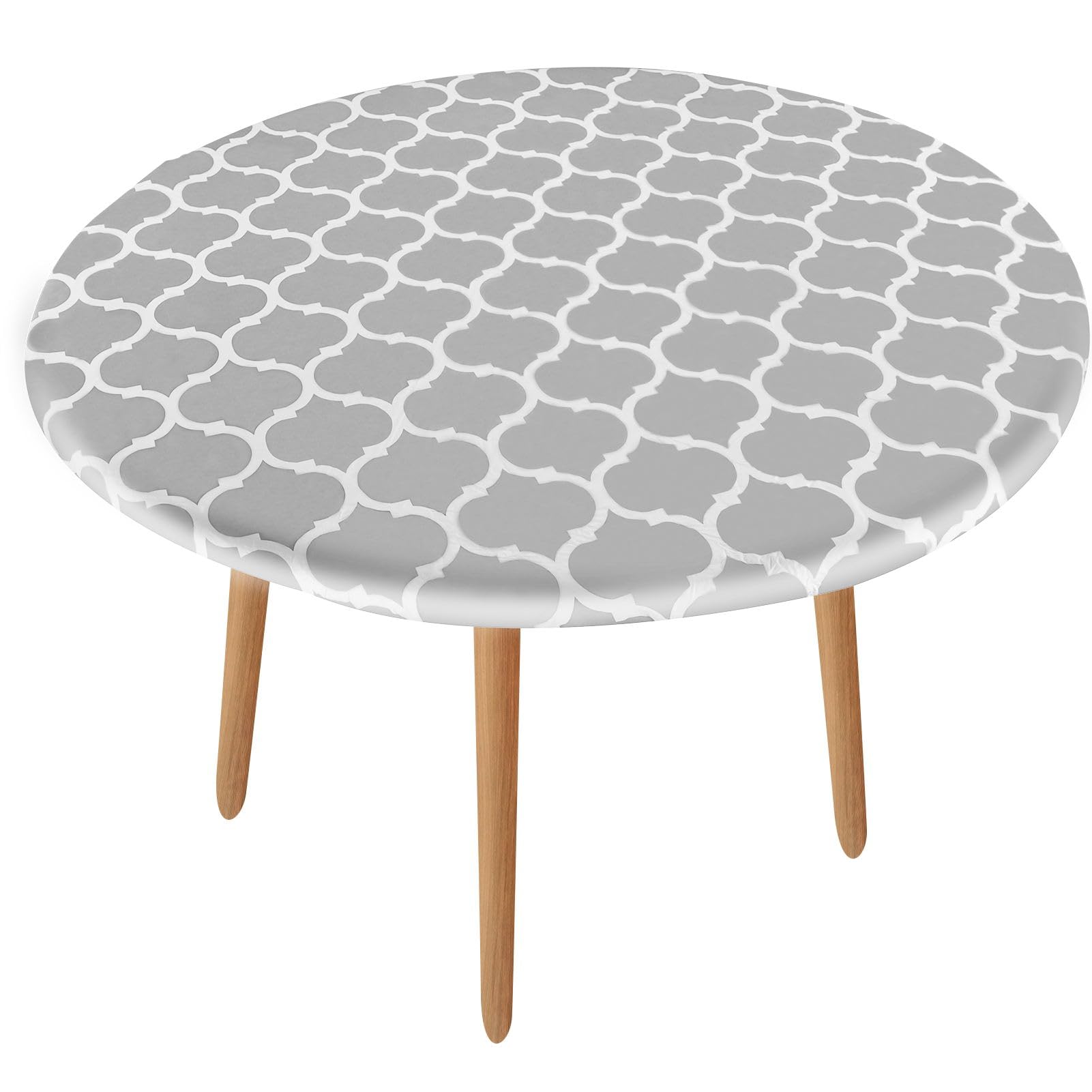 HXMJIED Elastic Edged Vinyl Fitted Tablecloth, Grey Stripe Round Table Cover, 110-140CM Fitted Flannel Backed, Waterproof and Oil-Proof, Wipeable
