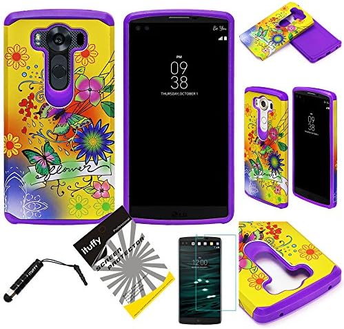 For LG V10 ITUFFY (TM) 3items Combo: Screen Protector + Stylus Pen + Dual Layer Shock Proof Hybrid Armor Case (Yellow Flower Butterfly)