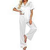 Ekouaer Silk Pajamas for Womens Set 2 Piece Satin Pjs Soft Button Down Sleepwear Wide Leg Long Pants with Pockets