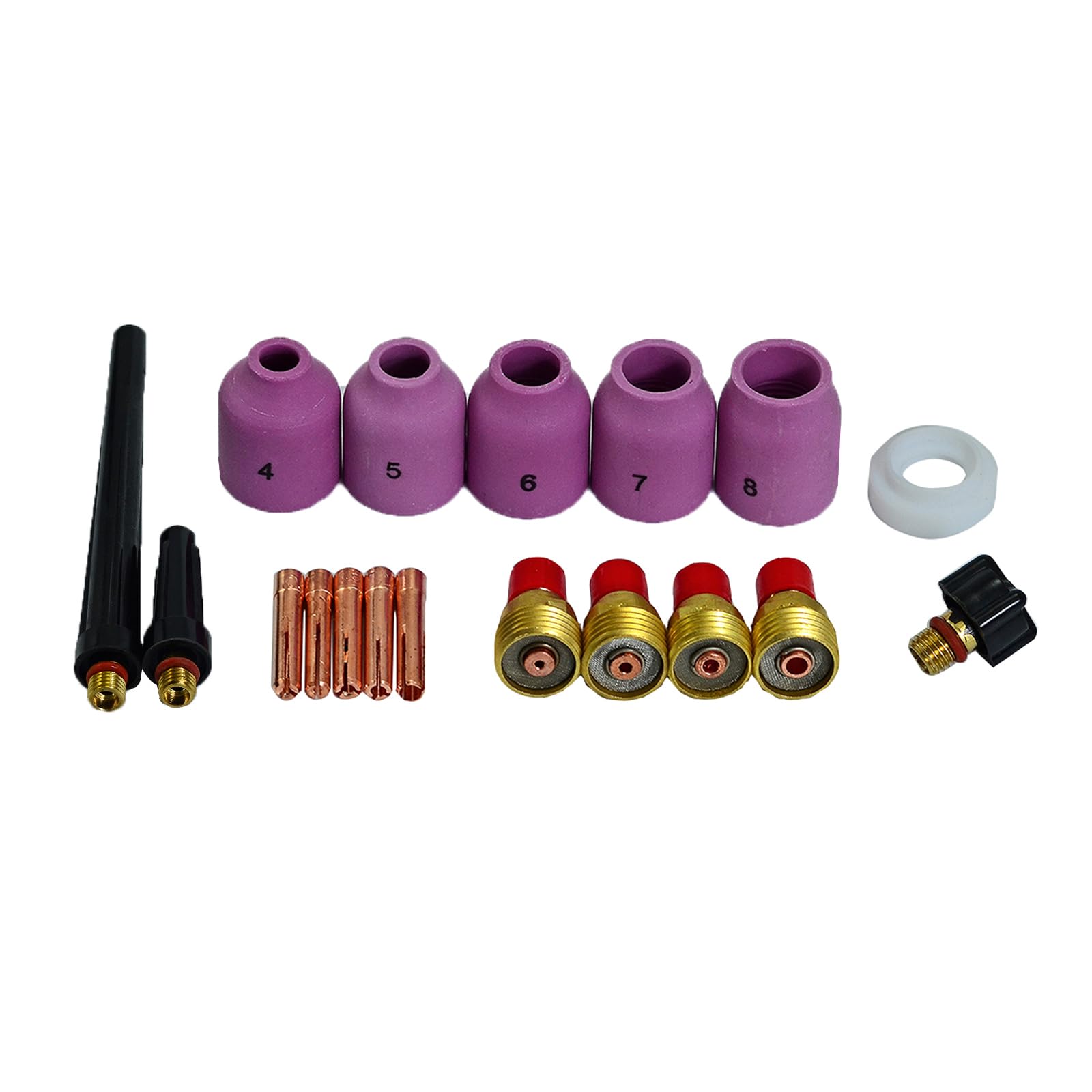 RIVERWELD TIG Gas Lens Collet Bodies 45V42 13N21 1.0mm, 45V43 13N22 1.6mm, 45V44 13N23 2.4mm, 45V45 13N24 3.2mm Alumina Nozzle Ceramic Cups 53N for SR WP 9 20 25 TIG Welding Torch 18pcs