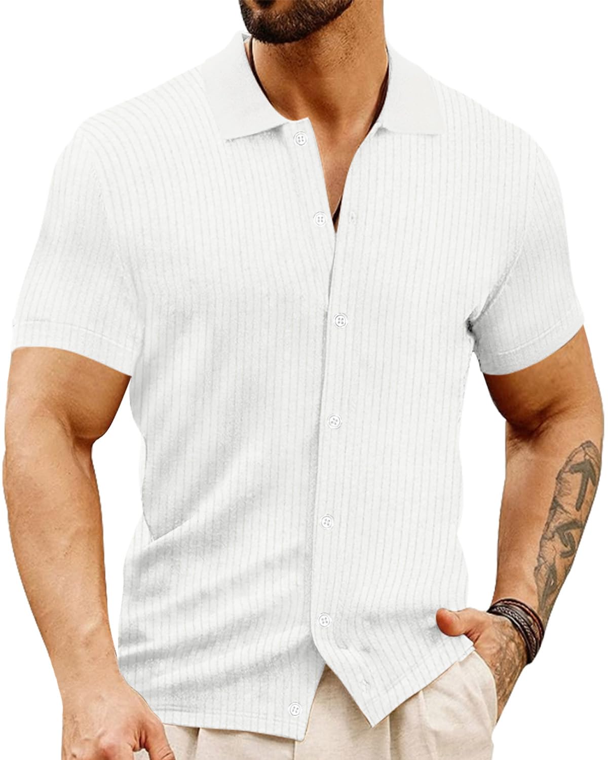 Photo 1 of LOGEEYAR Men's Slim Fit Polo Shirts Short Sleeve Breathable Button Down Golf Shirts Ribbed Knit Soft Cotton Tops White