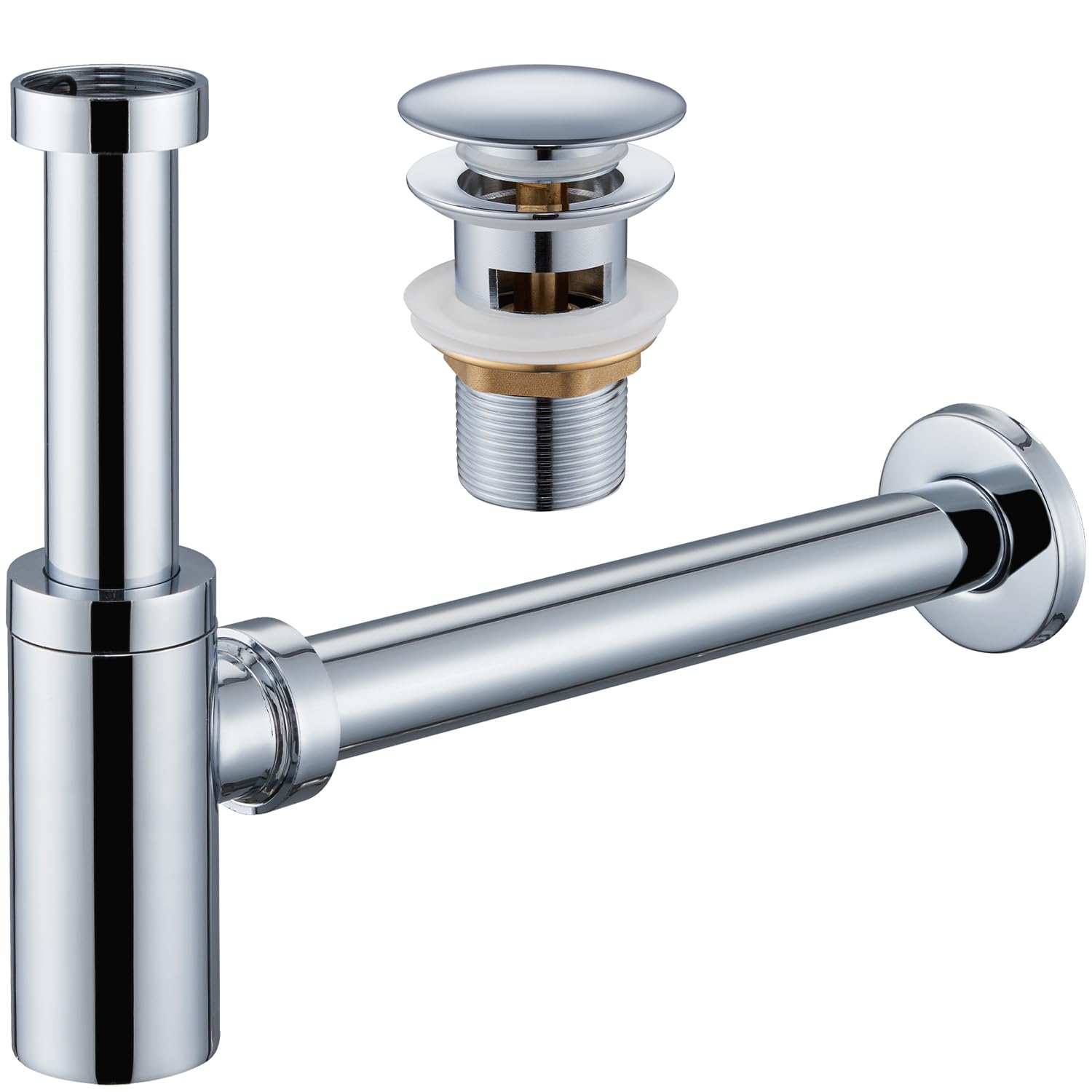 Ulytid Set Design Siphon Sink with Pop-Up Drain Fitting with Overflow - Universal Siphon with Cleaning Opening and Drain Valve Bathroom Chrome - Pipe Siphon Drain Pipe