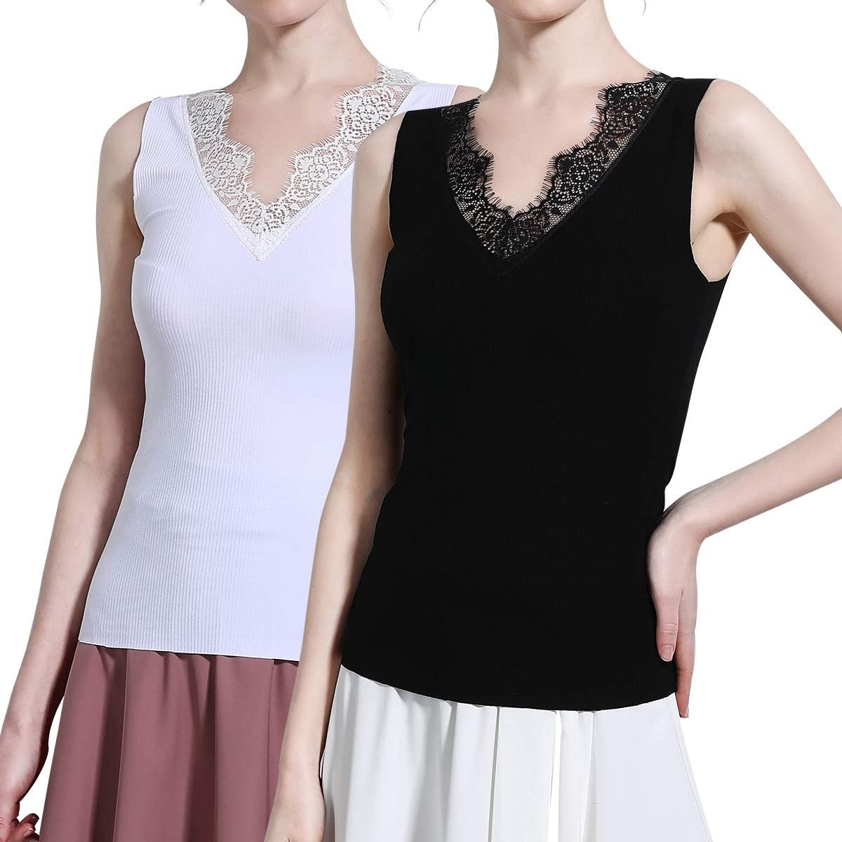 CARCOS Women 2 Pack Lace Vest, Ribbed Camisole Trim Neck VNeck Cami