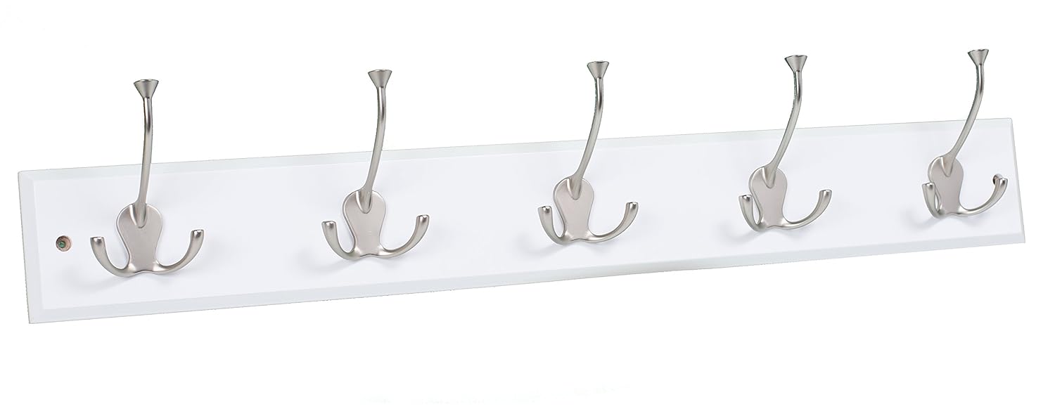 BirdRock Home Tri Hook Coat Rack - 5 Hooks - Wall Mount Hat Rack - White Finish - Satin Nickel Hooks