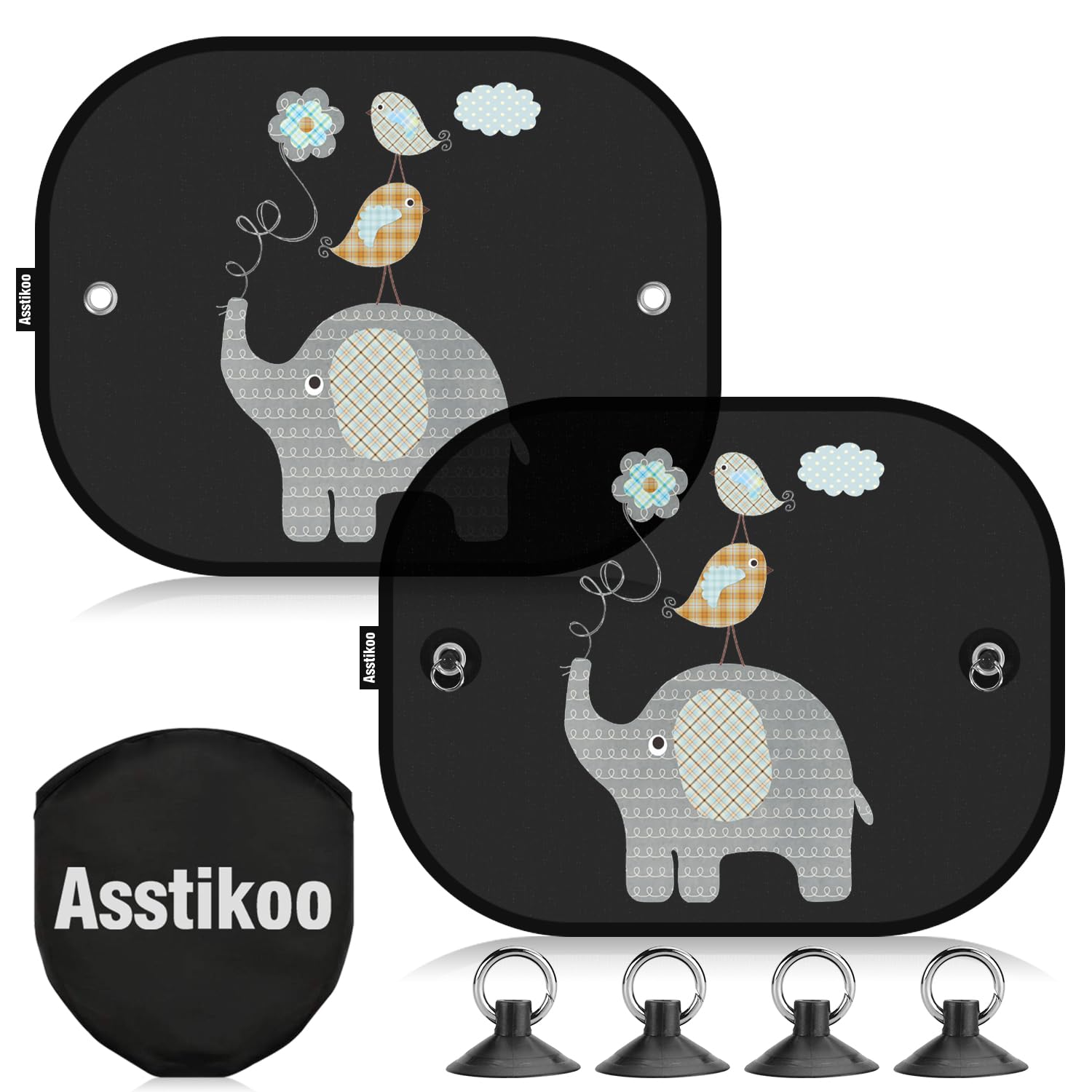 Asstikoo Car Window Shades for Kids, Sun Shades with Cute Animal Motifs, UV Protection, 45 * 35.5cm Universal Baby Car Window Sunshades with Suction Cups, 2 Pack