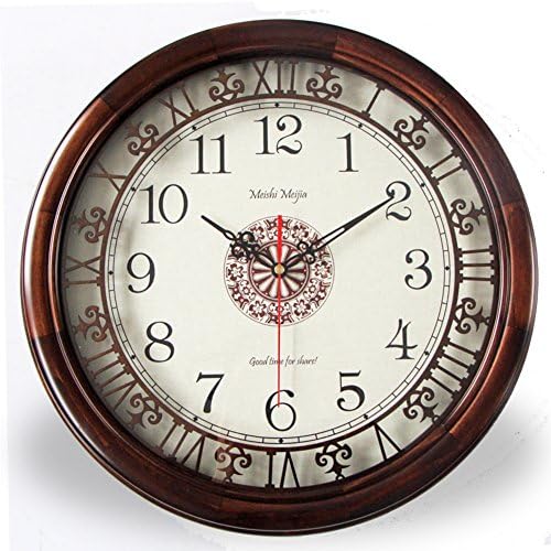 Mute solid wood wall clock,Hollow wall clock Sweep movement [retro] [chinese style] Living room Bedroom clock-Brown 16inch