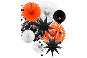 ADLKGG Orange White Black Halloween Decorations, Hanging Tissue Paper Fans Circle Garland Paper Lanterns for Graduation Wedding Anniversary Birthday Backdrop Decor