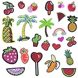 24 Pcs Embroidered Sew Iron On Applique Patches Solid Mixed Watermelon Cherry Pineapple Cactus Ice Cream Fruit Milk Banana Cocktail Cactus Shaped