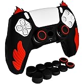 HLRAO Anti-Slip Black PS5 Controller Skin,Soft Thicken Studded Protective Silicone Cover Skin Grips Compatible with PS5/Slim/Pro Controller and 10 PCS Blue Thumb Grips Caps.