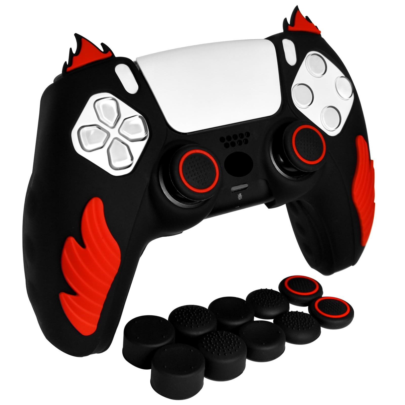 HLRAO Anti-Slip Black PS5 Controller Skin,Soft Thicken Studded Protective Silicone Cover Skin Grips Compatible with PS5/Slim/Pro Controller and 10 PCS Blue Thumb Grips Caps.