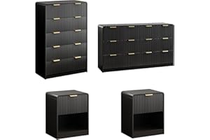 SINROM 4-Piece Bedroom Dresser Set, Fluted 6 Drawer Dresser & 5 Drawer Dressers and Nightstands Set of 2, Chest of Drawers and Night Stand, 4 Pcs Bedroom Furniture Set