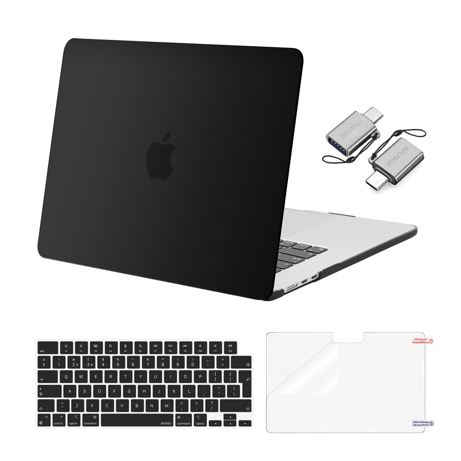 MOSISO Compatible with MacBook Air 15 inch Case 2026-2023 M5 M4 M3 M2 A3448 A3241 A3114 A2941, Scratch Resistant Protective Hard Cover Case &Keyboard Skin&Screen Film&Type C, Black