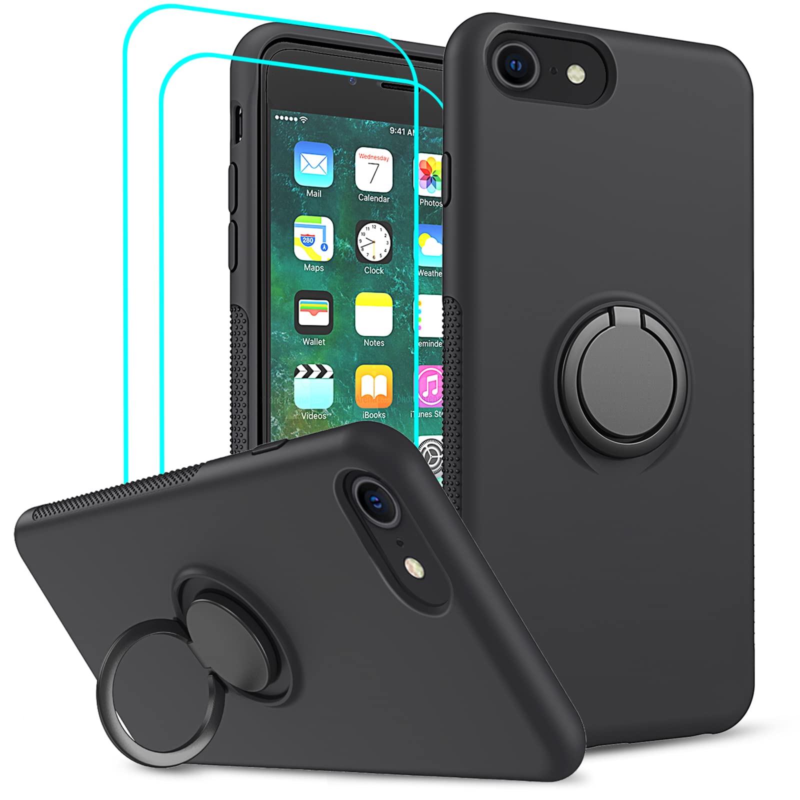 Photo 1 of LeYi for iPhone 6/6s/7/8 Case with Stand, 2 Glass Screen Protectors, Shockproof, Men Boys, Liquid Silicone, Black