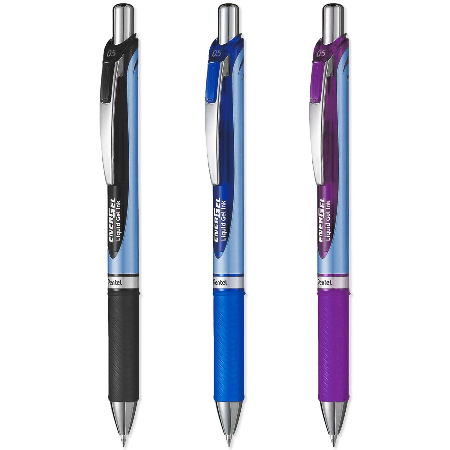 Pentel Energel BLN75 Retractable Gel Ink Rollerball Pen - 0.5mm - Black, Blue & Violet - Pack of 3